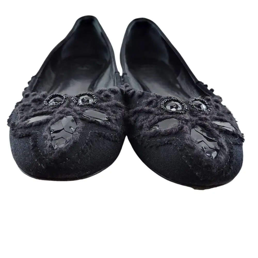 Tory Burch Ballet Flats Womens 7‎ Black Fabric Crochet Large Jewel Detail Preppy